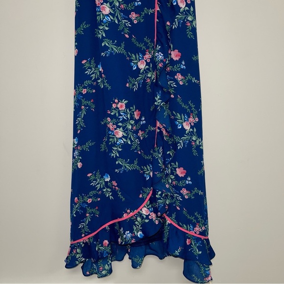 Lulus Midi Dress Size Small Darling‎ Date Navy Blue Floral Ruffled Wrap Fitted - Picture 5 of 14